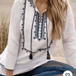 J. Jill Linen Embroidered Tassel White and Blue Women's Top Festival Boho Beach